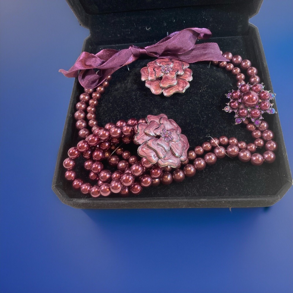 Vtg  80s Women's Fashion Jewelry Imitation Purple Pearl Necklace Brooch Bracelet